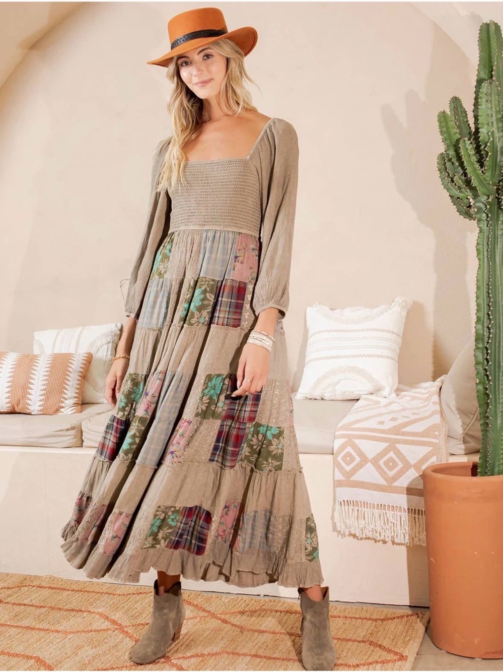 K174 Boho Patchwork Maxi Dress Sz Small In Olive Multi, Pockets, Lined NWT